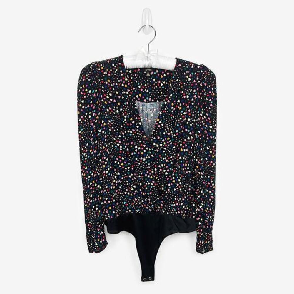 AFRM Heart Print Bodysuit Size L Black Glam Date Night Party Going Out‎ Romantic